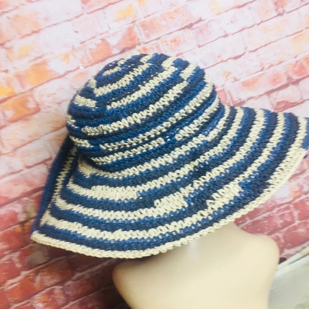 San Diego Hat Company Blue and White Striped Wide Brimmed Woven Retro Beach Hat